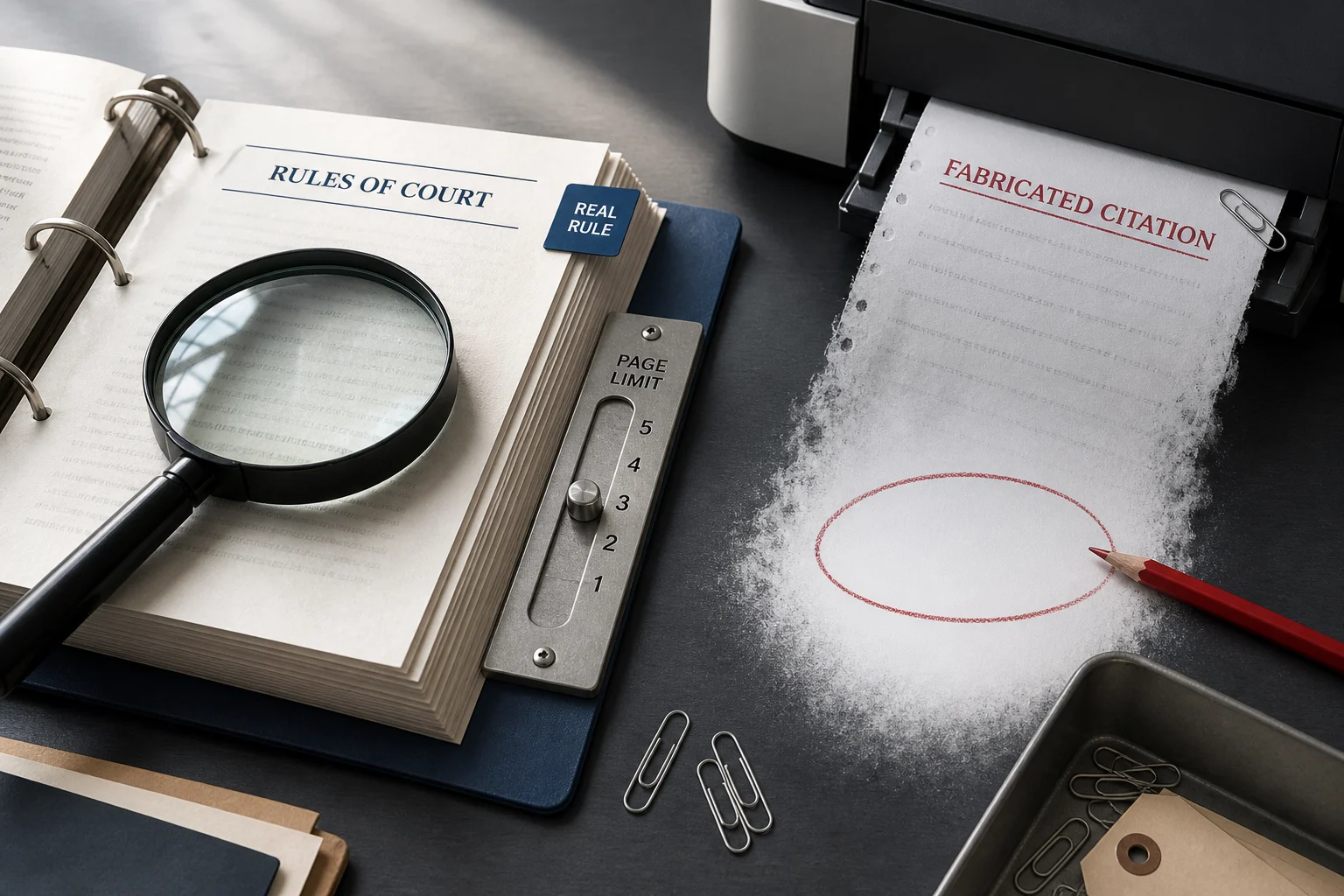 An investigator's desk comparing a verified court rule with a fabricated citation