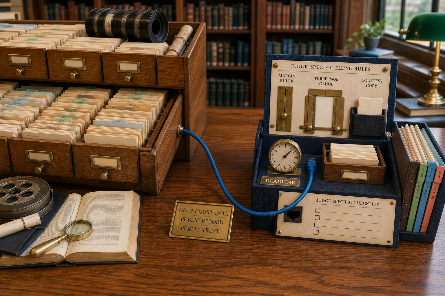 A public court-data card catalog connected to judge-specific filing tools