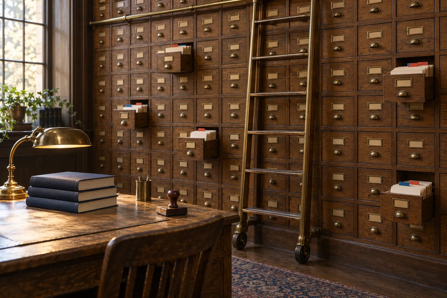 A wall of oak records drawers with brass pulls, a few pulled open to show index cards with red and blue tabs, beside a brass ladder, a brass desk lamp, a stack of navy books and a rubber stamp