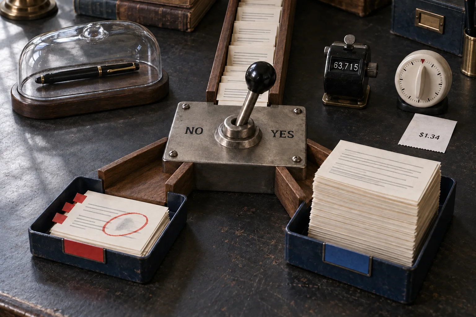 A lever switch marked YES and NO sorts index cards into two trays. A counter reads 63,715, a receipt reads $1.34, and a capped pen sits unused under glass.
