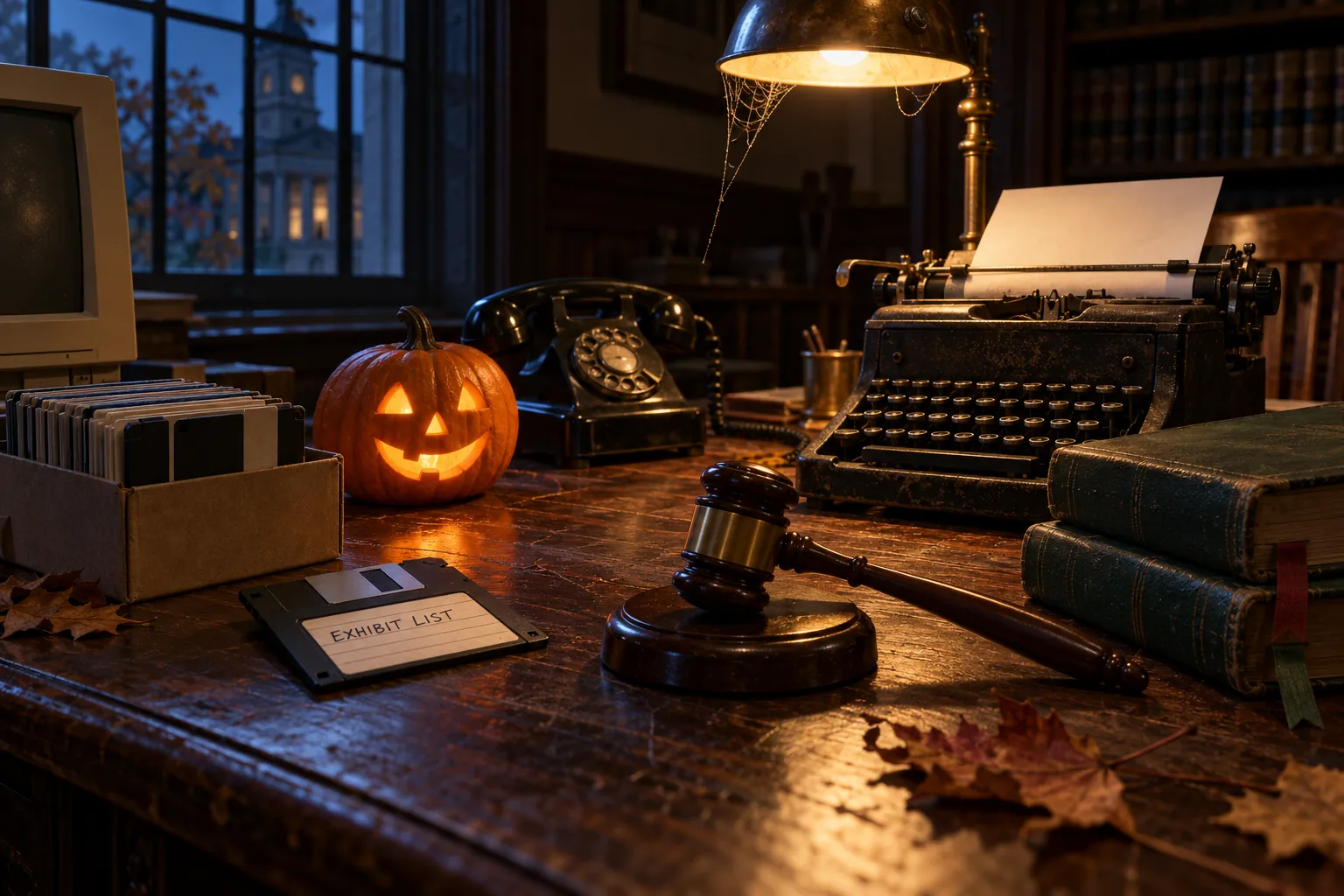 A carved jack-o'-lantern glowing on a dark wooden desk beside a rotary telephone, a typewriter, a gavel, two law books and a box of floppy disks, with a floppy disk labeled Exhibit List in front.